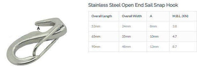 Stainless Steel Open End Sail Snap Hook (Various Sizes)